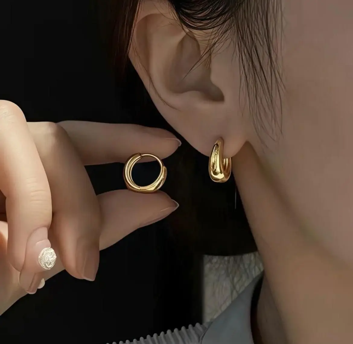 IP 18K Gold Plated C-Shape Hoop Earrings - 304 Stainless Steel, Waterproof gallery image 4
