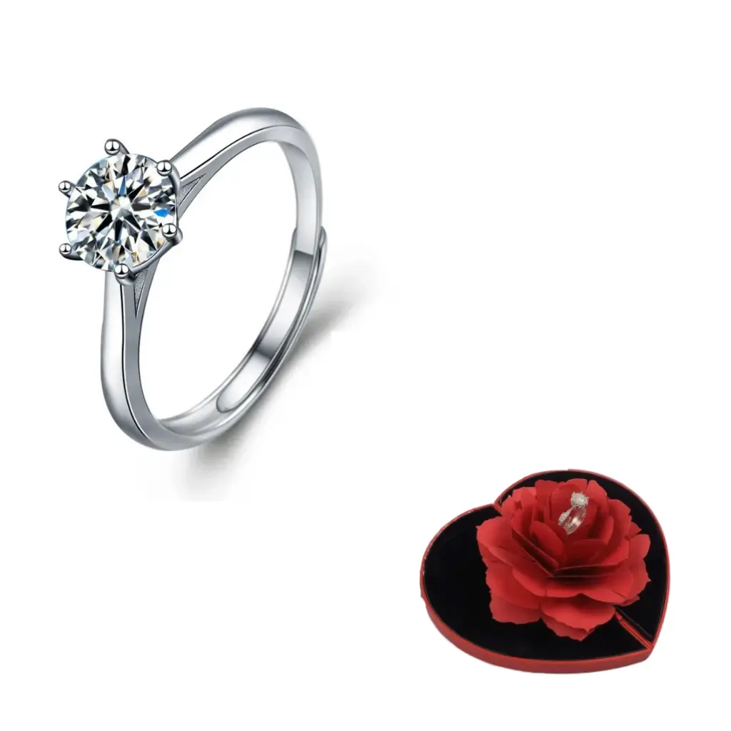 Adjustable S925 Silver Moissanite Ring Geometric Claw + Rose Heart Box gallery image 1
