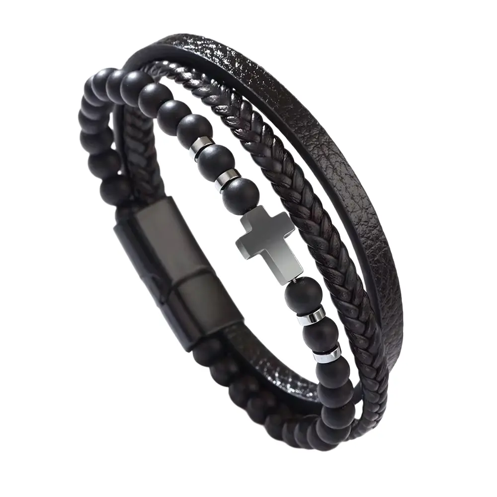 Men's Retro Cross Bracelet | Natural Hematite Stone | Alloy Cord & Leather - Black gallery image 1