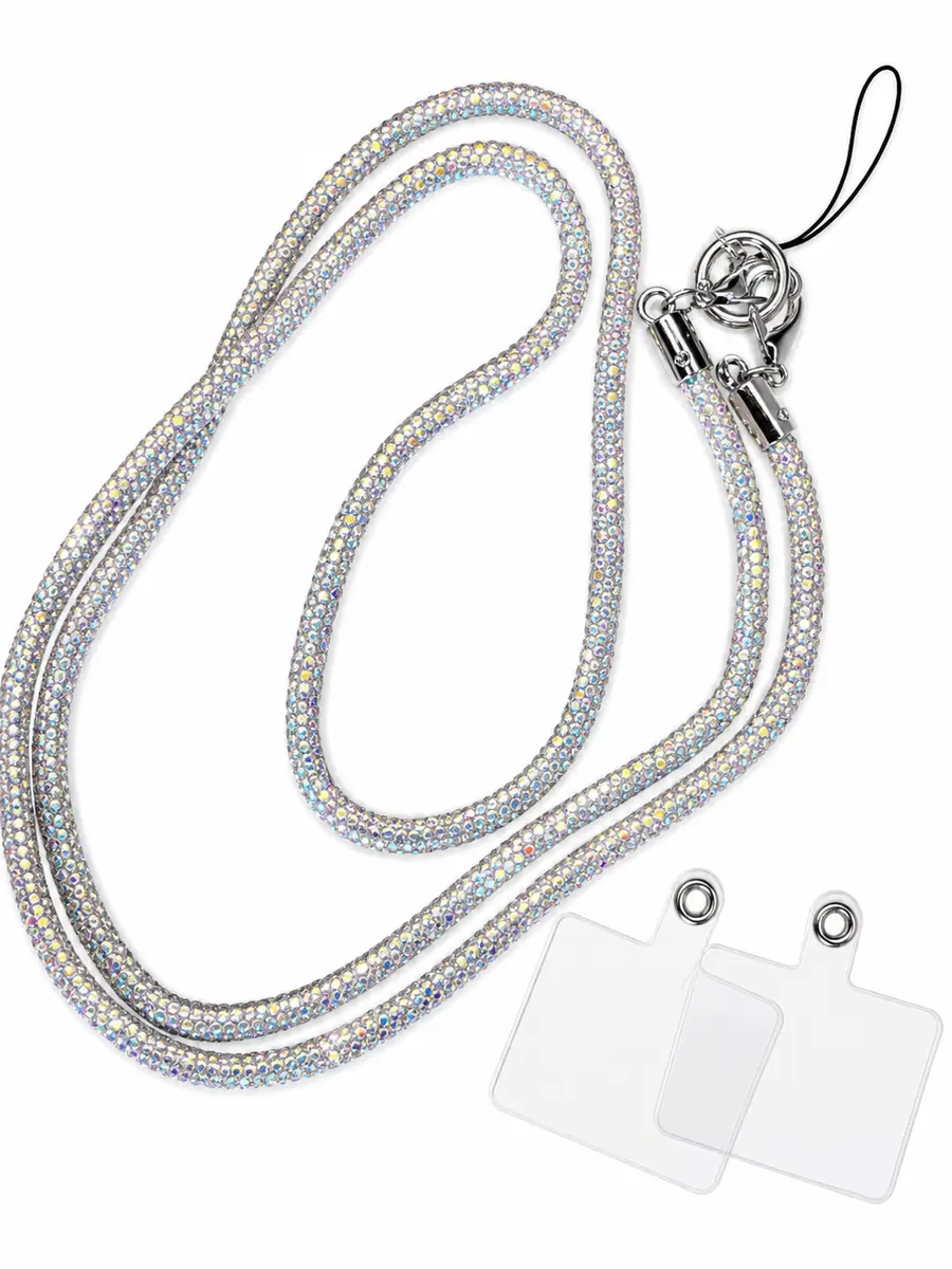 Luxury Baguette Rhinestone Crossbody Phone Lanyard 116 cm with 2 Clips - Silver gallery image 17