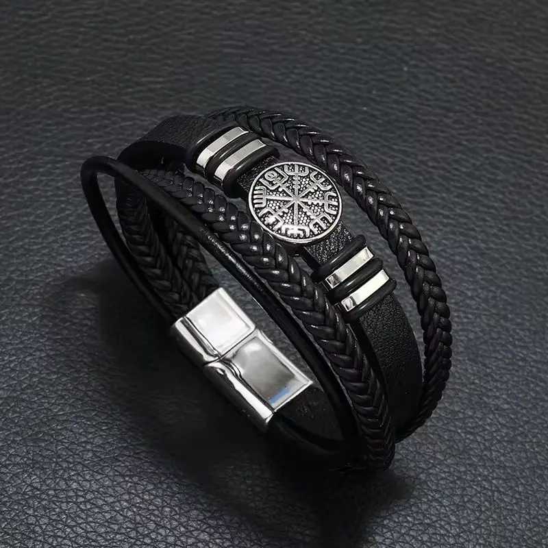Men's Retro Cross Bracelet | Natural Hematite Stone | Alloy Cord & Leather - Black gallery image 2