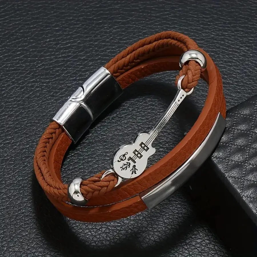 Original Guitar Design Men's Bracelet - Alloy & Leather Cord Wristband - Brown, Silver gallery image 10