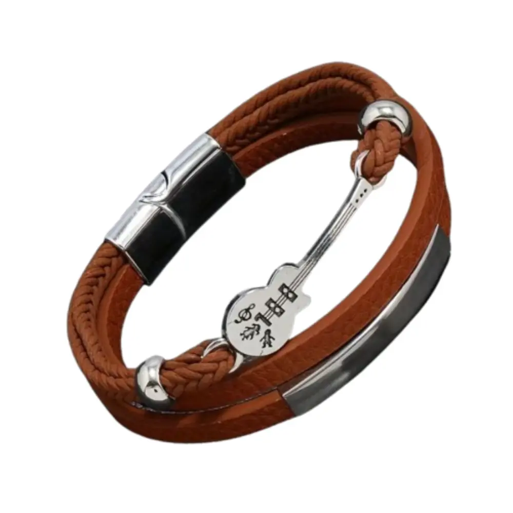 Original Guitar Design Men's Bracelet - Alloy & Leather Cord Wristband - Brown, Silver gallery image 7