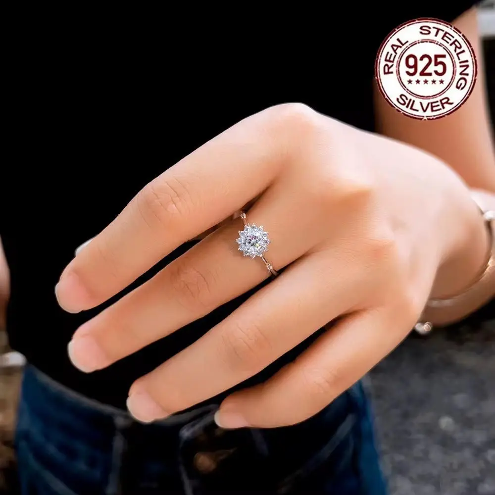 925 Sterling Silver Flower Ring for Women, Cubic Zircon Wedding Engagement - 8 gallery image 5