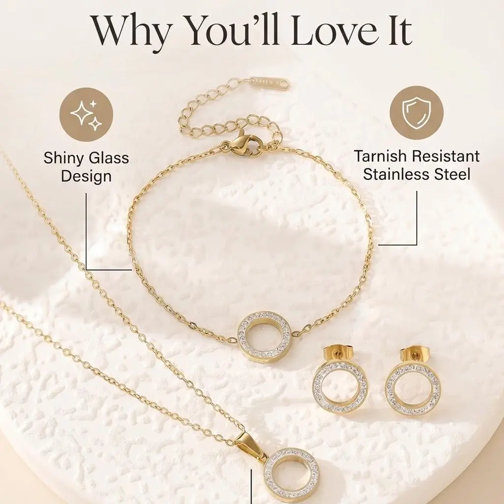 18K Gold PVD Geometric Jewelry Set for Women with Glass Inlay Design gallery image 2