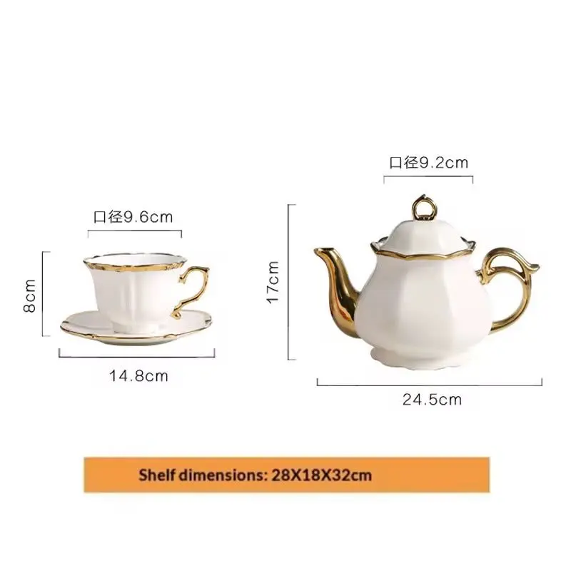 Luxury Porcelain Tea & Coffee Set with Cups, Teapot and Metal Stand - Gold gallery image 3
