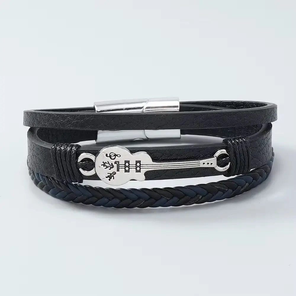 Original Guitar Design Men's Bracelet - Alloy & Leather Cord Wristband - Brown, Silver gallery image 4