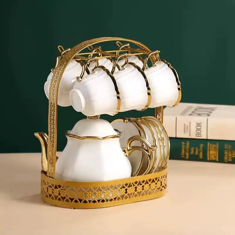 Luxury Porcelain Tea & Coffee Set with Cups, Teapot and Metal Stand - Gold gallery image 2