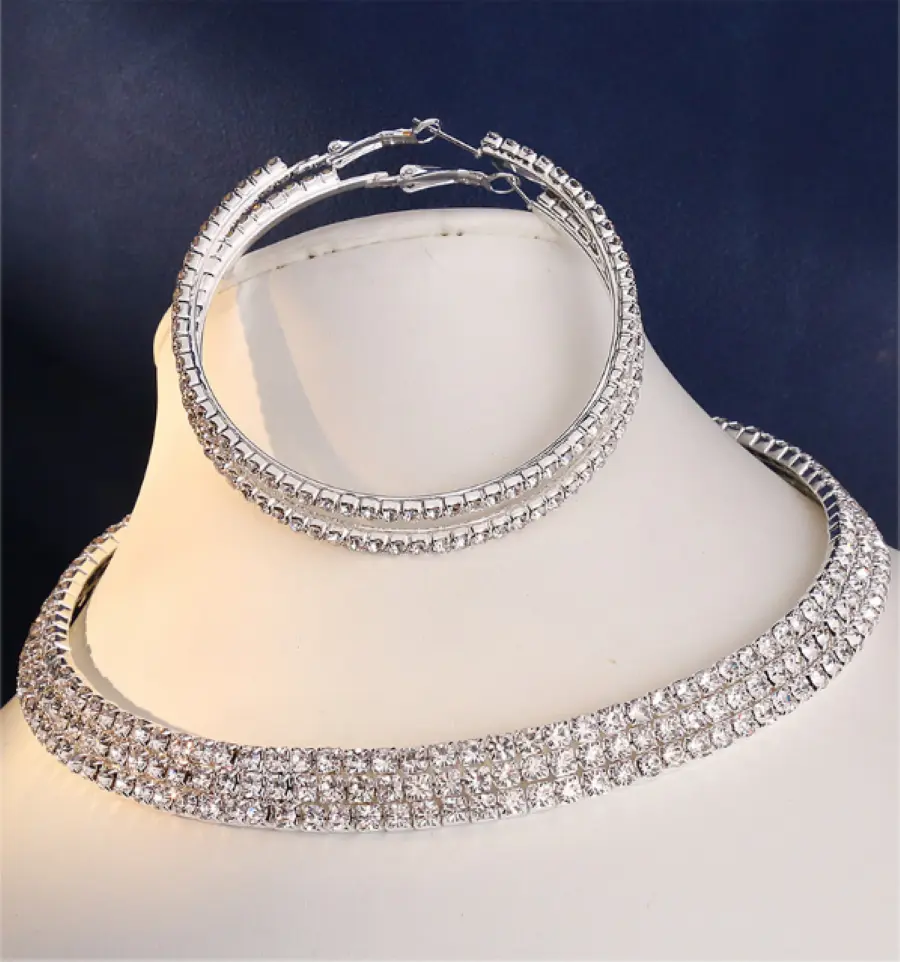 Luxury Rhinestone Hoop Earrings & Tennis Necklace Jewelry Set gallery image 4