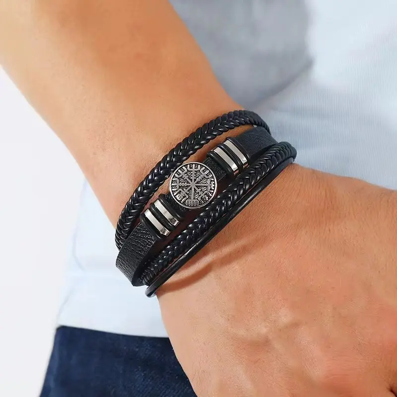 Men's Retro Cross Bracelet | Natural Hematite Stone | Alloy Cord & Leather - Black gallery image 7