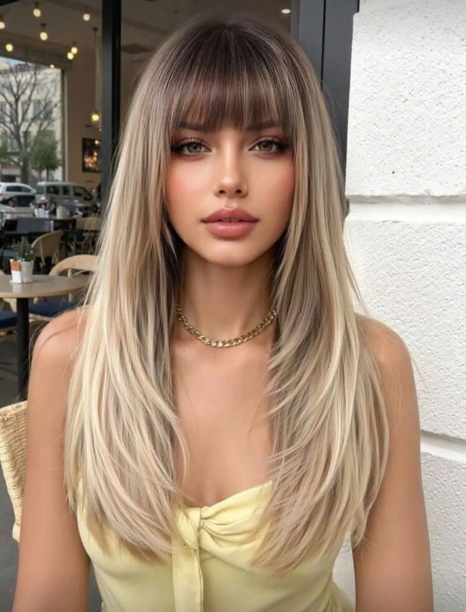 Ombre Blonde Wig with Bangs 150% Density Straight Layered Synthetic Hair XL gallery image 8