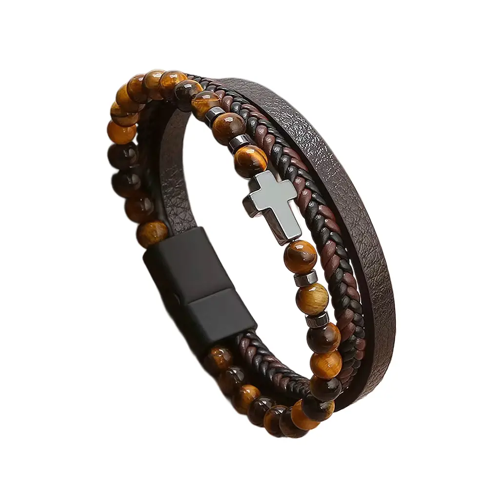 Men's Retro Cross Bracelet | Natural Hematite Stone | Alloy Cord & Leather - Black gallery image 8
