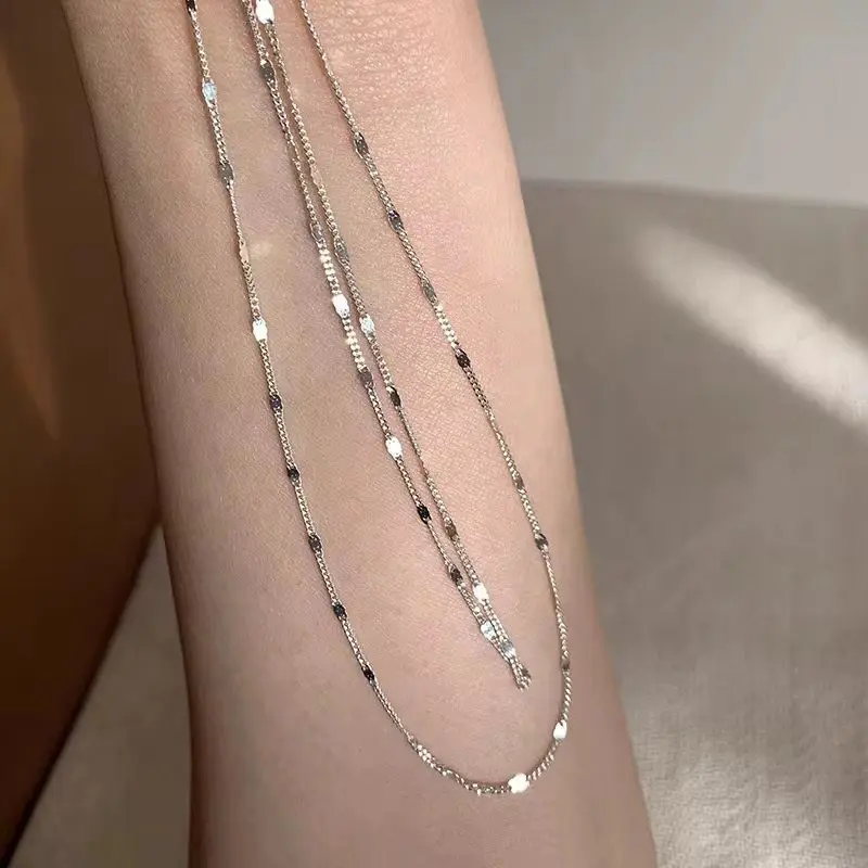 925 Sterling Silver Solid Color Chain Necklace for Women, Simple Elegant - Silver gallery image 11