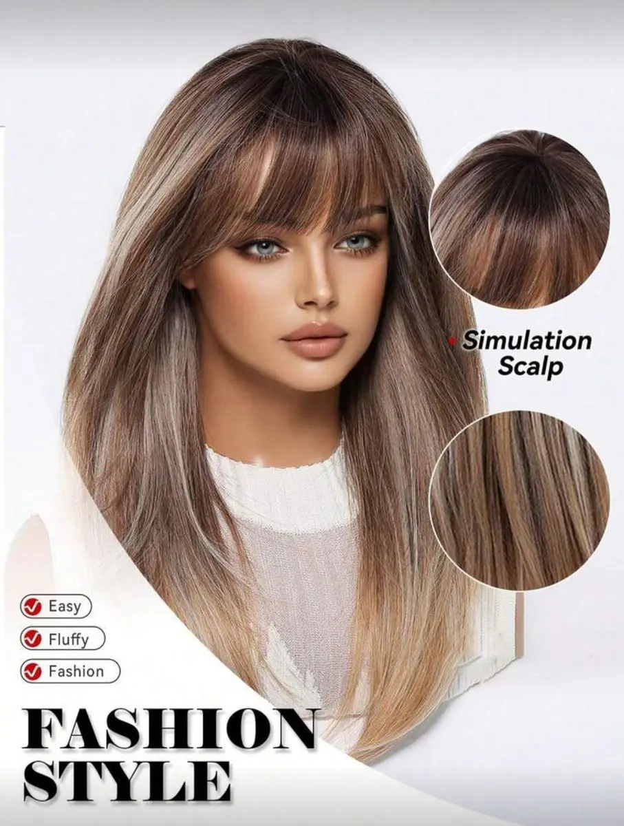 Ombre Blonde Wig with Bangs 150% Density Straight Layered Synthetic Hair XL gallery image 6