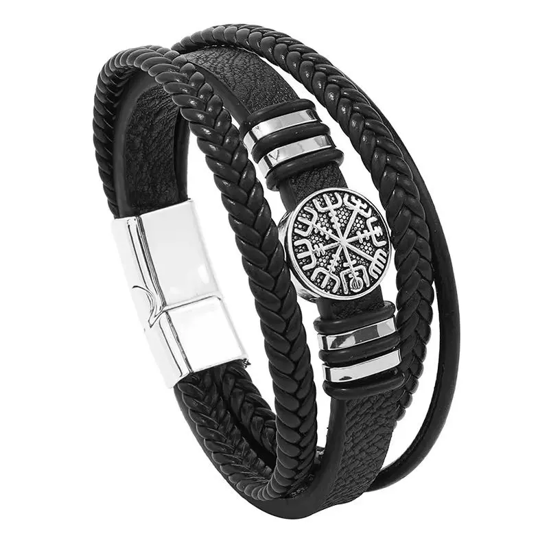 Men's Retro Cross Bracelet | Natural Hematite Stone | Alloy Cord & Leather - Black gallery image 6