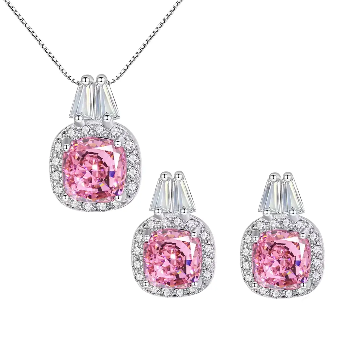 Luxueux 925 Sterling Silver Pink CZ Pendant & Earrings for Date, Gift Box gallery image 1