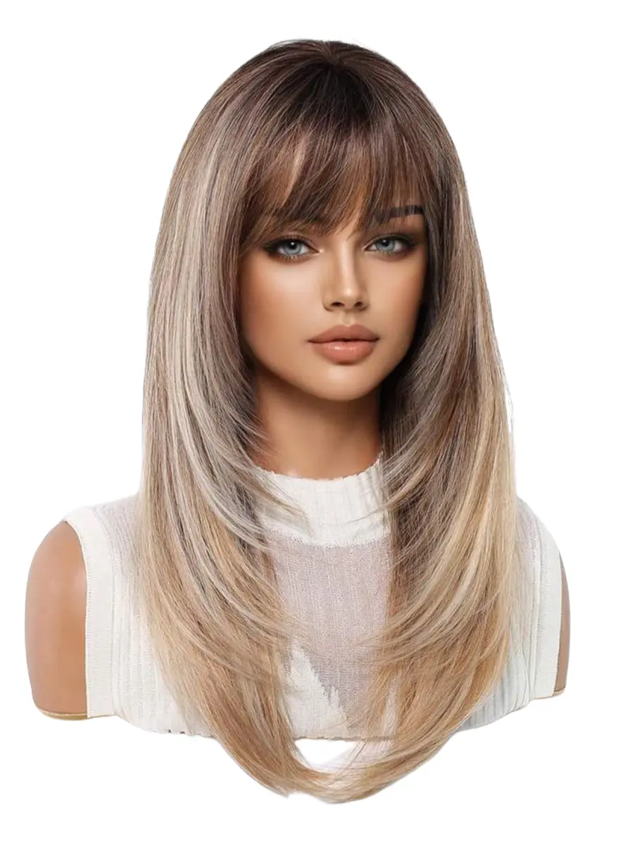 Ombre Blonde Wig with Bangs 150% Density Straight Layered Synthetic Hair XL gallery image 2