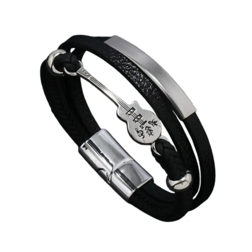 Original Guitar Design Men's Bracelet - Alloy & Leather Cord Wristband - Brown, Silver gallery image 1