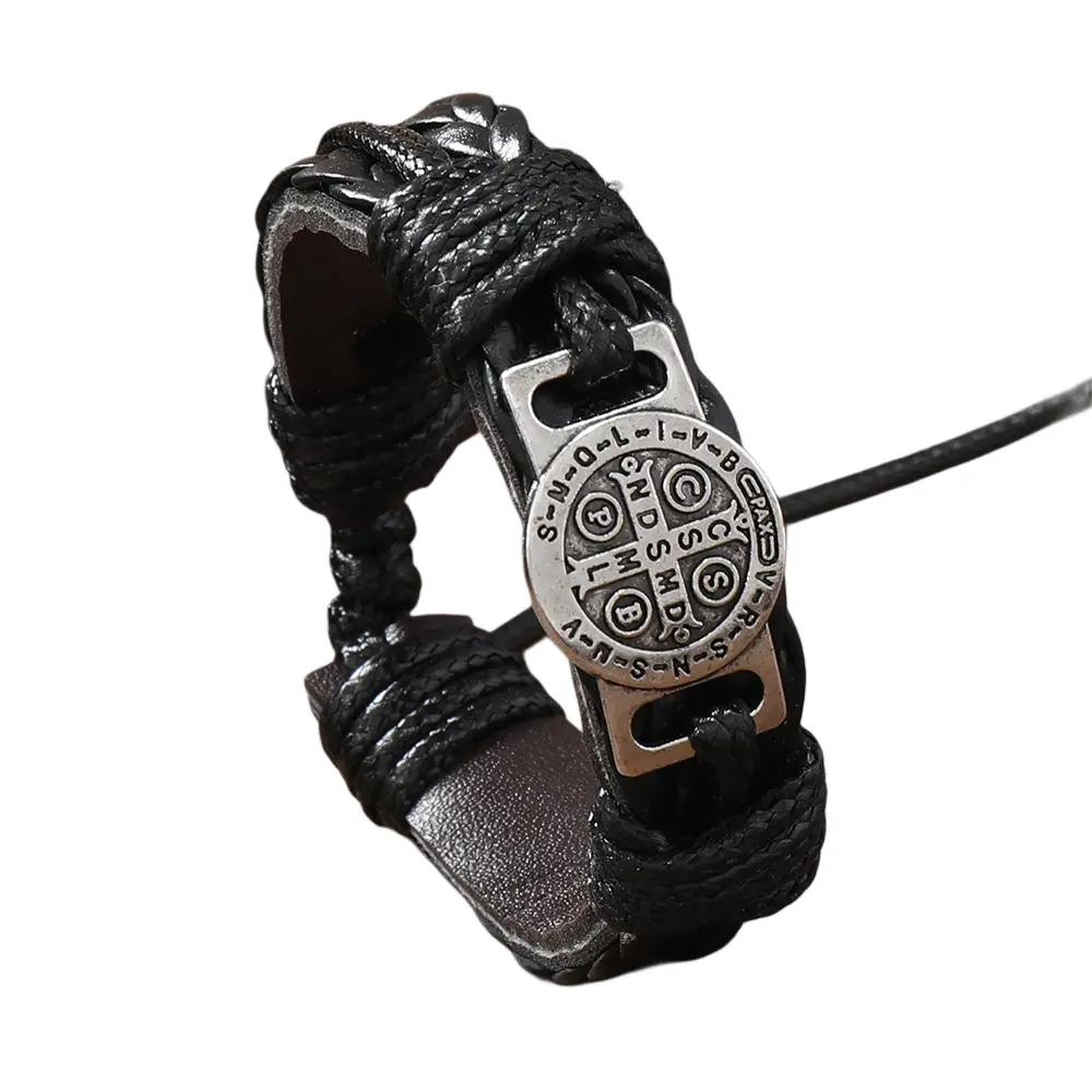 Retro Men's Hand-Woven Leather Bracelet - Adjustable Pull Cord Design - Brown gallery image 1
