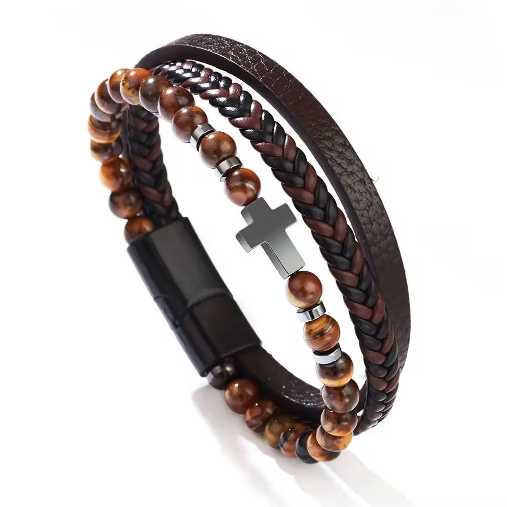 Men's Retro Cross Bracelet | Natural Hematite Stone | Alloy Cord & Leather - Black gallery image 11