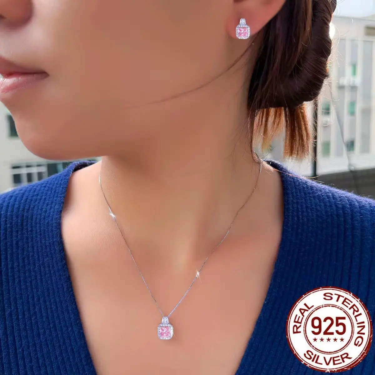 Luxueux 925 Sterling Silver Pink CZ Pendant & Earrings for Date, Gift Box gallery image 4