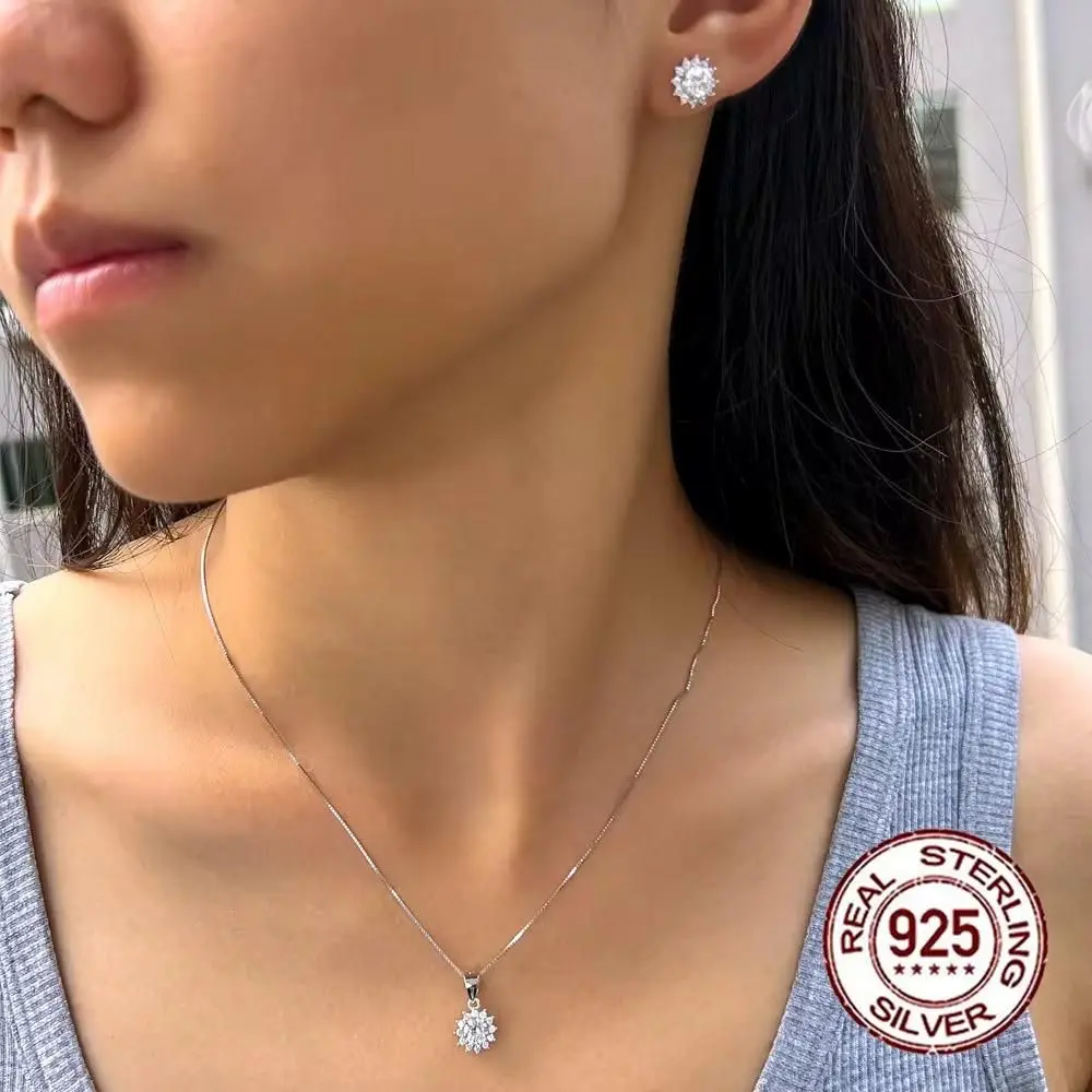 S925 Sterling Silver CZ Pendant Necklace and Earrings Set for Women Jewelry gallery image 3