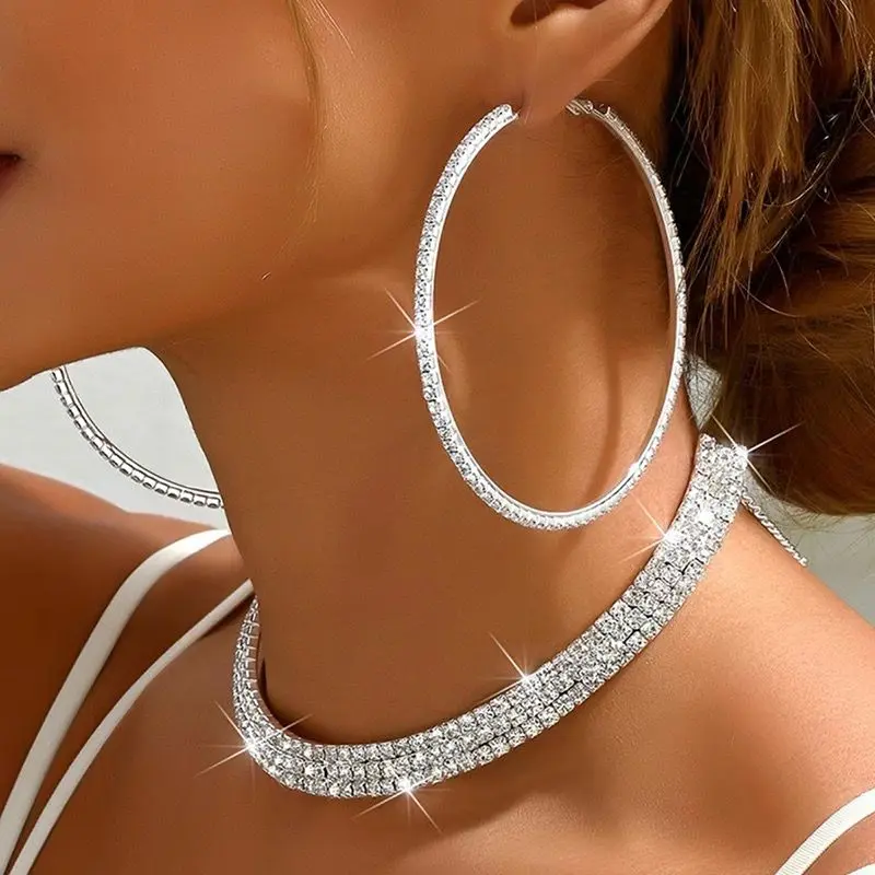 Luxury Rhinestone Hoop Earrings & Tennis Necklace Jewelry Set gallery image 2