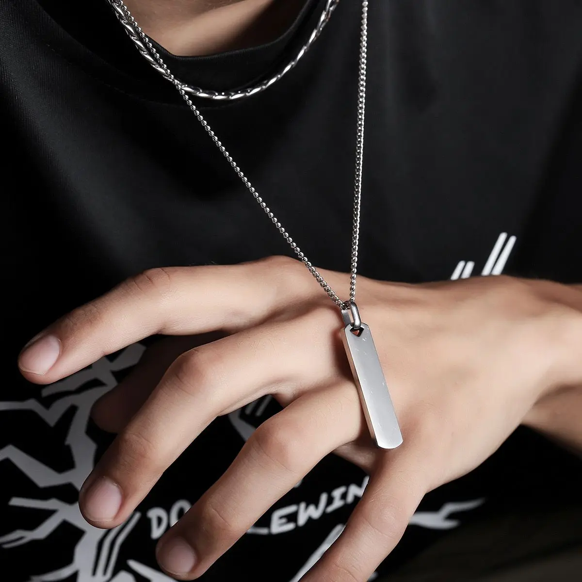 Men's Titanium Steel Tag Pendant Necklace - Classic Geometric Chain Jewelry gallery image 5