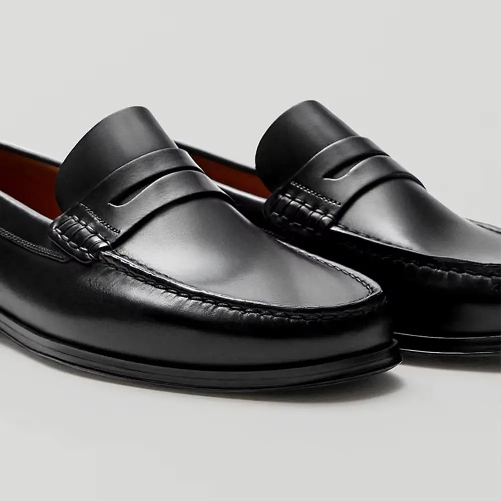 Premium Handmade Men's Loafers - Square Toe Vintage Calf Leather - Black - EU 41 gallery image 5