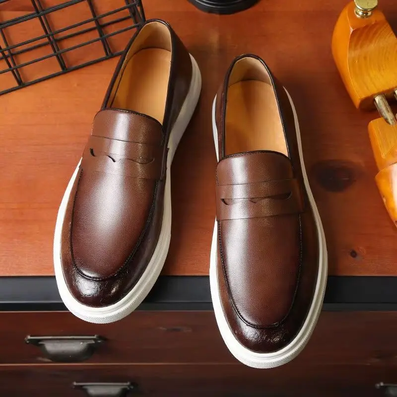 Men's British Style PU Leather Loafers - Breathable Casual Slip-On Shoes - Brown gallery image 9