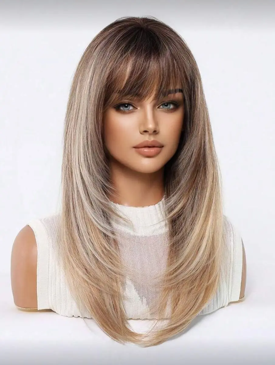 Ombre Blonde Wig with Bangs 150% Density Straight Layered Synthetic Hair XL gallery image 4