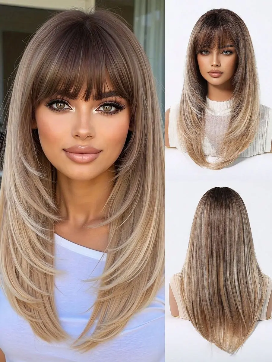 Ombre Blonde Wig with Bangs 150% Density Straight Layered Synthetic Hair XL gallery image 3