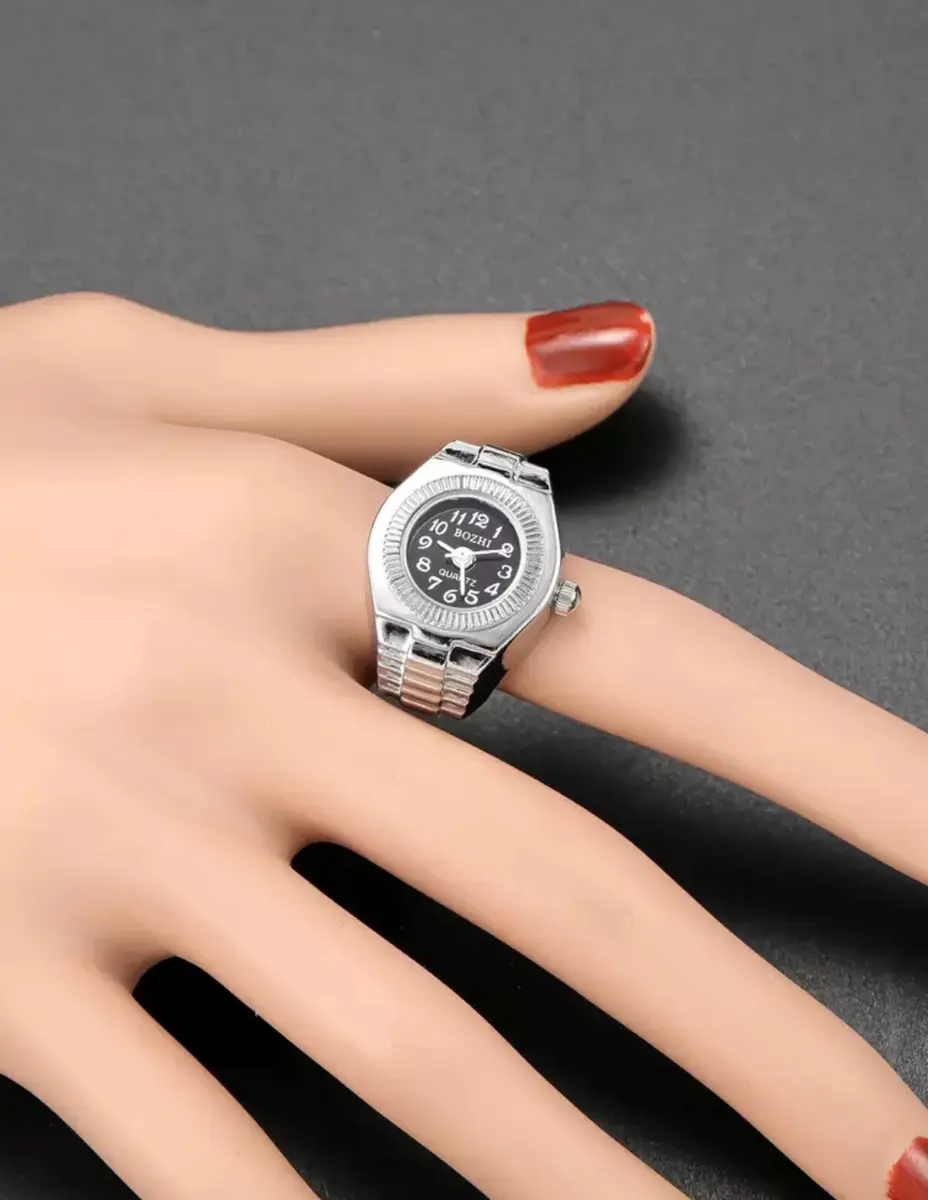 Adjustable Silver-Tone Quartz Ring Watch - Trendy Women's Finger Watch Gift gallery image 2