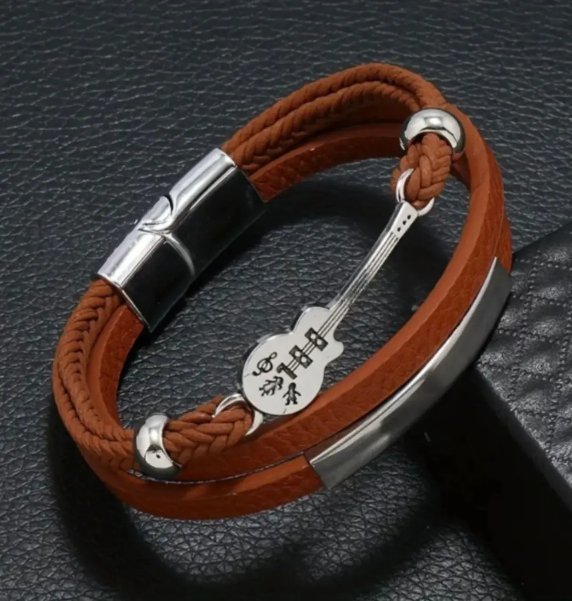 Original Guitar Design Men's Bracelet - Alloy & Leather Cord Wristband - Brown, Silver gallery image 8