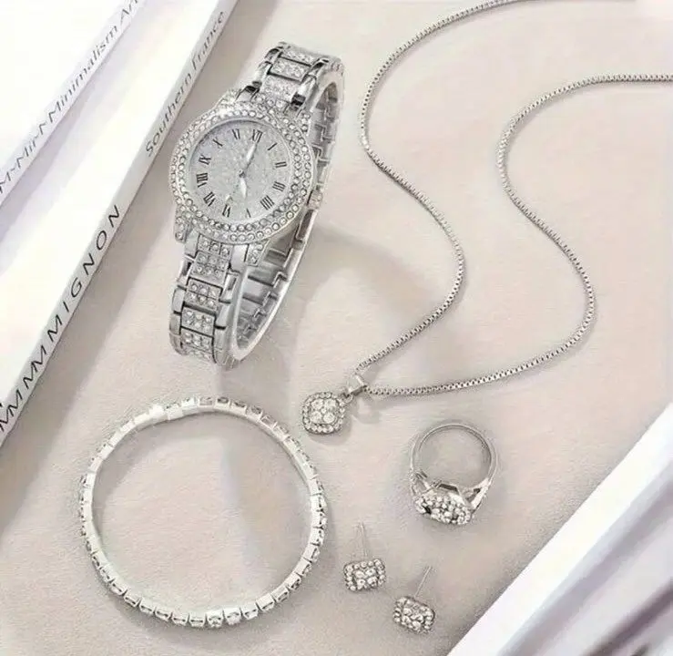 Luxury 6-Piece Silver-Tone Women's Quartz Watch & Jewelry Gift Set gallery image 3