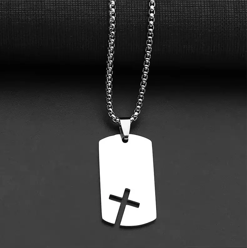 Trendy Men's Stainless Steel & Titanium Hollow Cross Military Tag Necklace gallery image 3