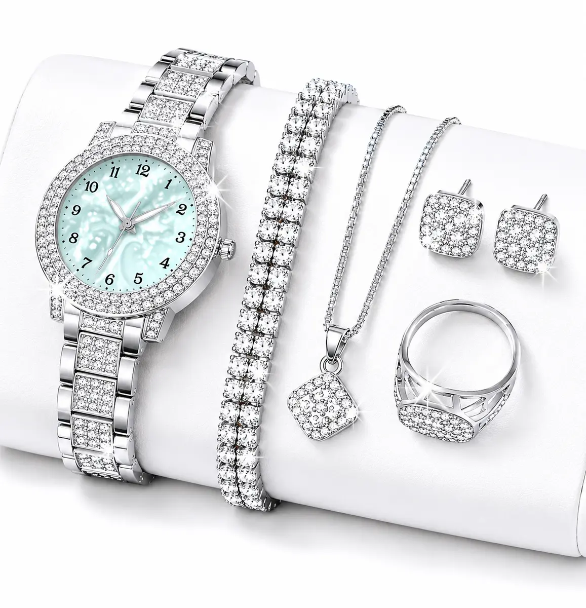 7PCS Fashion Women's Watch & Rhinestone Jewelry Collection Gift Box Set gallery image 3