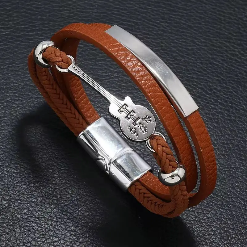 Original Guitar Design Men's Bracelet - Alloy & Leather Cord Wristband - Brown, Silver gallery image 9