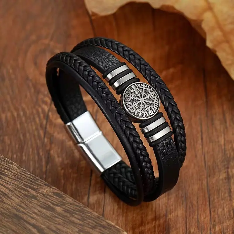 Men's Retro Cross Bracelet | Natural Hematite Stone | Alloy Cord & Leather - Black gallery image 5