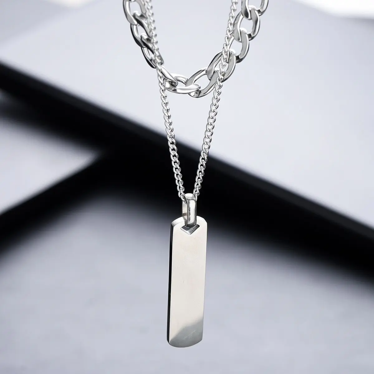 Men's Titanium Steel Tag Pendant Necklace - Classic Geometric Chain Jewelry gallery image 4