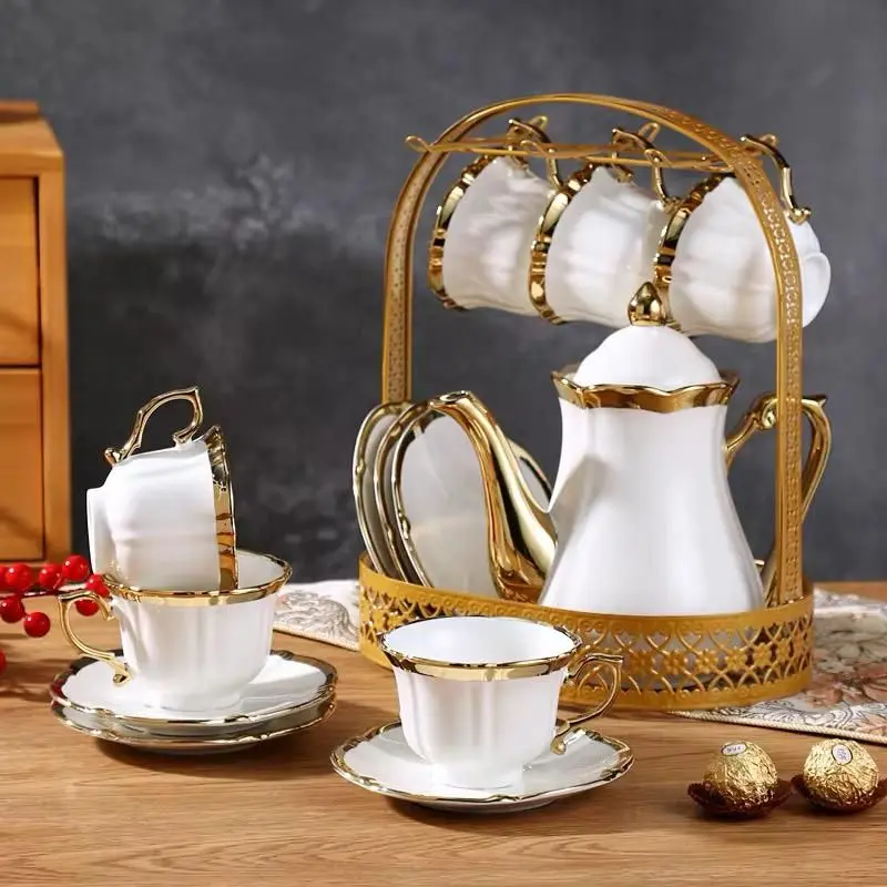 Luxury Porcelain Tea & Coffee Set with Cups, Teapot and Metal Stand - Gold gallery image 4