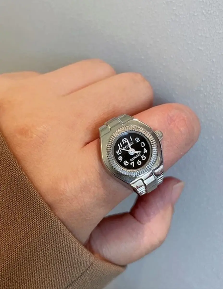 Adjustable Silver-Tone Quartz Ring Watch - Trendy Women's Finger Watch Gift gallery image 3