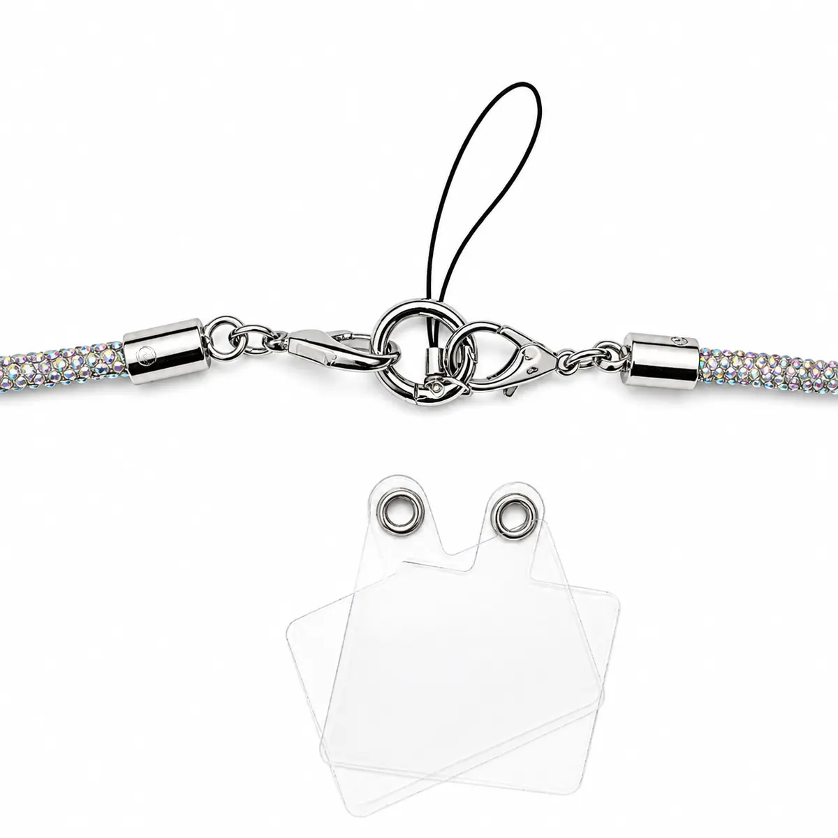 Luxury Baguette Rhinestone Crossbody Phone Lanyard 116 cm with 2 Clips - Silver gallery image 18