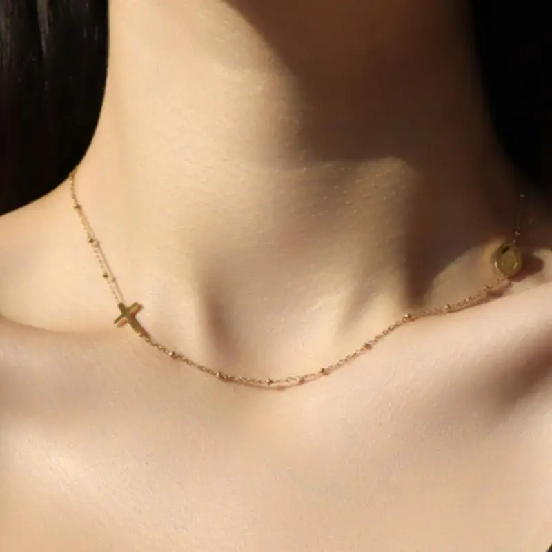 Gold Plated Cross Necklace Titanium Steel Lockbone Chain Women Geometric gallery image 2
