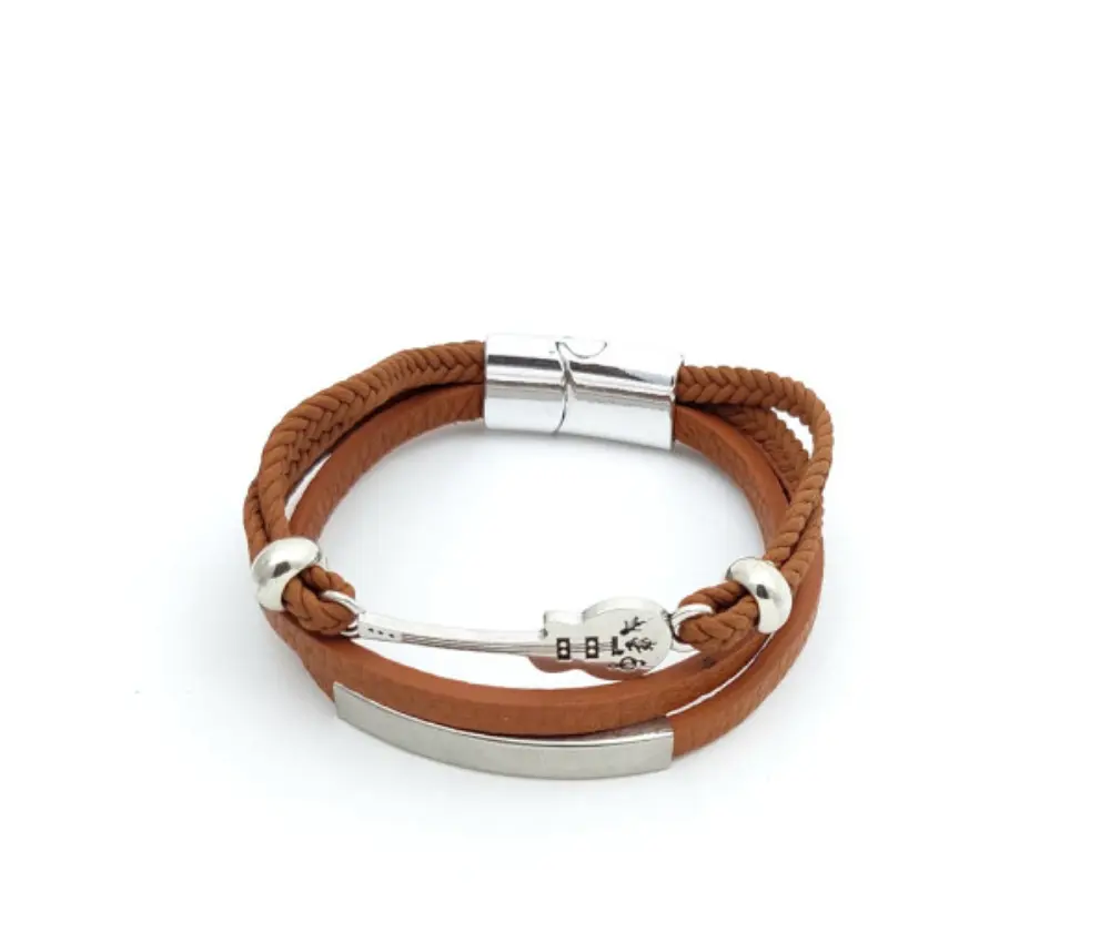 Original Guitar Design Men's Bracelet - Alloy & Leather Cord Wristband - Brown, Silver gallery image 11