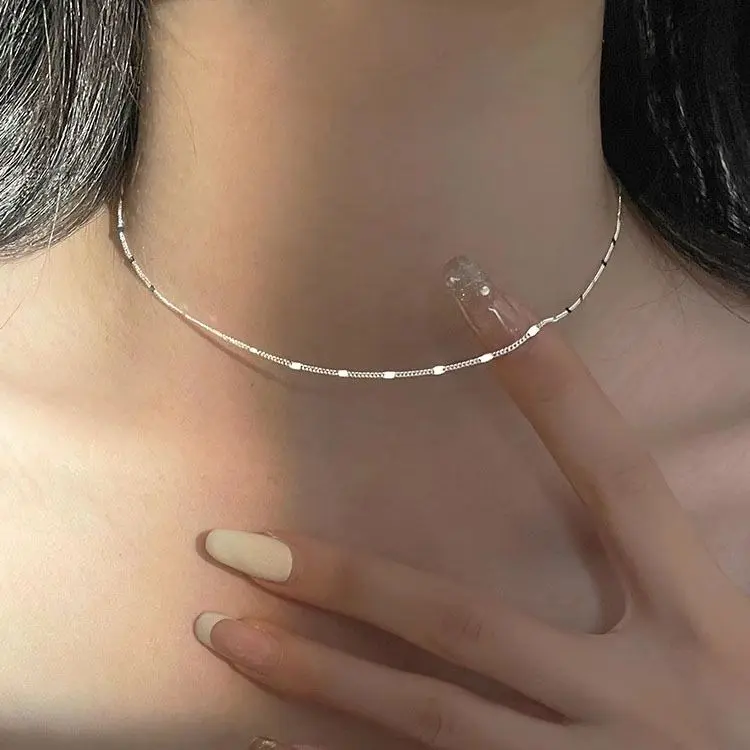 925 Sterling Silver Solid Color Chain Necklace for Women, Simple Elegant - Silver gallery image 9