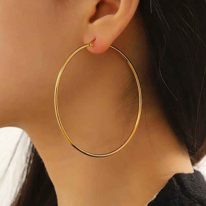 Women's Stainless Steel Circle Hoop Earrings - 18K Gold-Plated gallery image 2