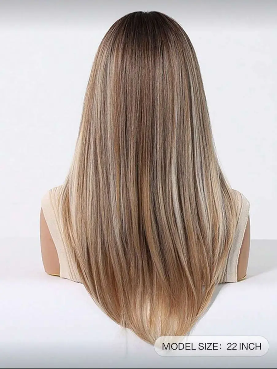 Ombre Blonde Wig with Bangs 150% Density Straight Layered Synthetic Hair XL gallery image 5