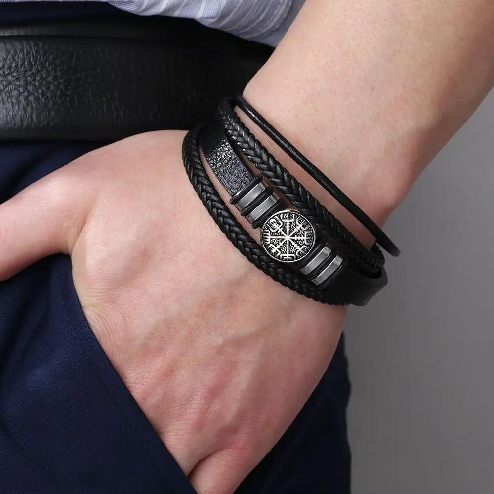 Men's Retro Cross Bracelet | Natural Hematite Stone | Alloy Cord & Leather - Black gallery image 3