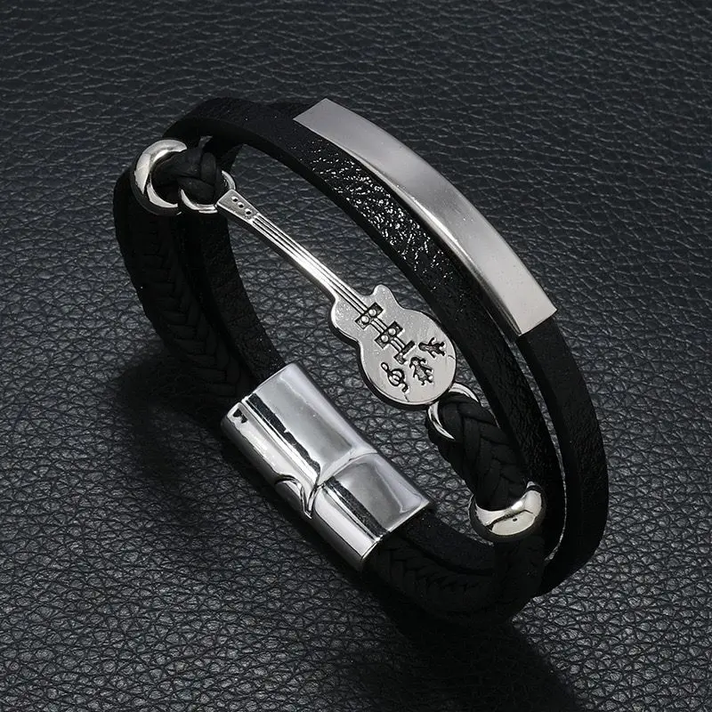 Original Guitar Design Men's Bracelet - Alloy & Leather Cord Wristband - Brown, Silver gallery image 2